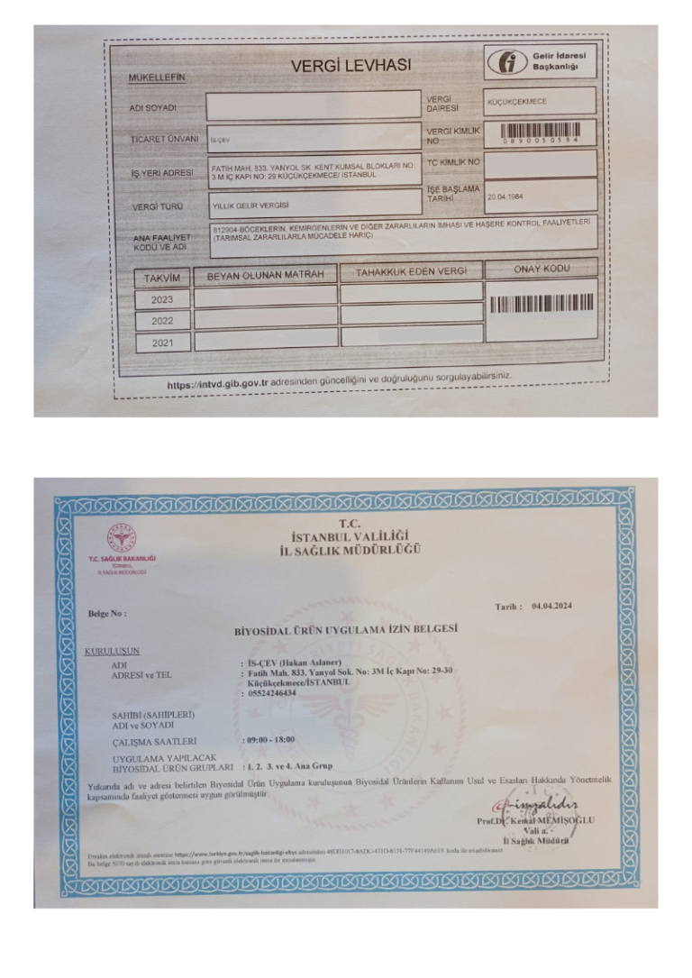 Vergi Levhası ve Biyosidal Ürün Uygulama izin belgesi