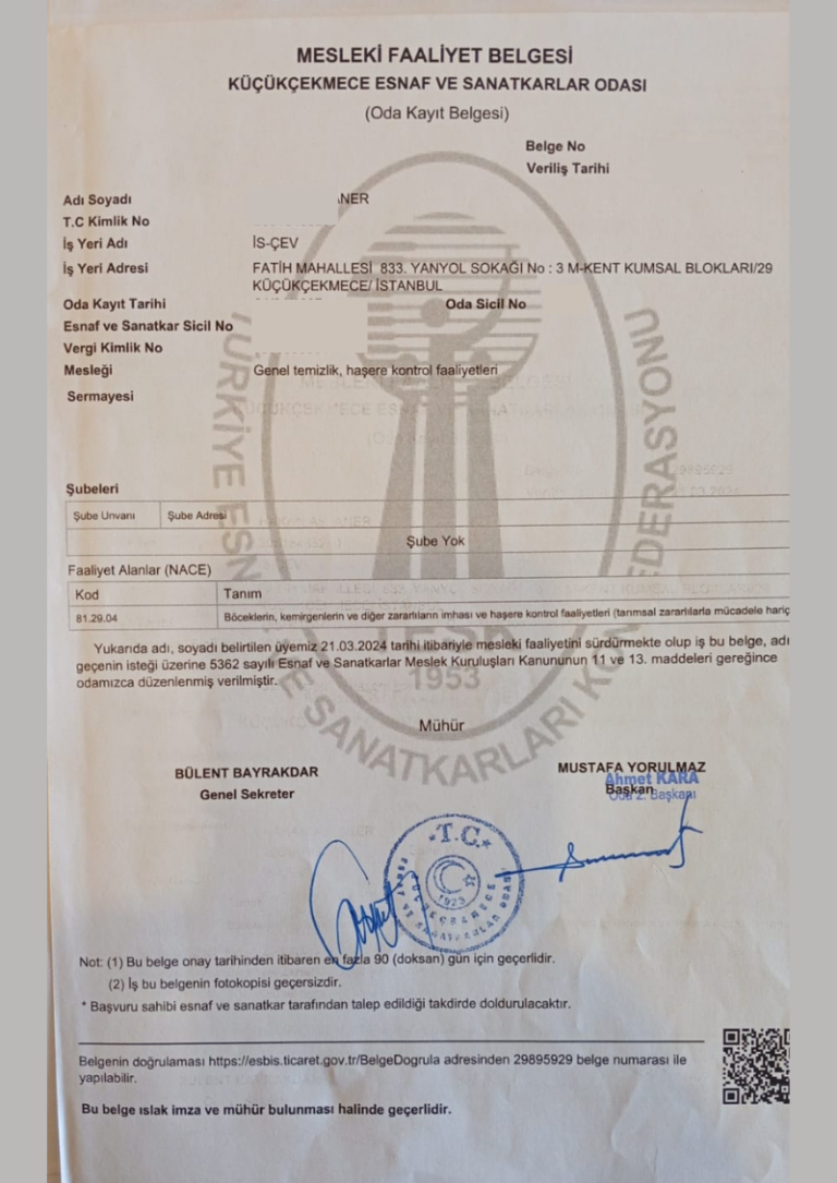 Mesleki Faliyet Belgesi - Nex ilaçlama